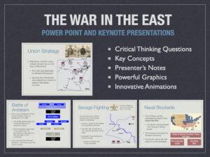 Classroom presentation cover slide for The War In The East history lesson, introducing major American Civil War campaigns and Eastern theater battles.