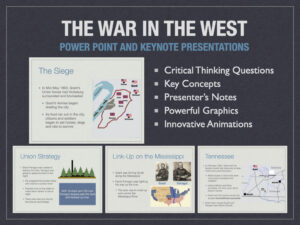Classroom presentation cover slide for The War In The West history lesson, introducing major American Civil War campaigns and Western theater battles.