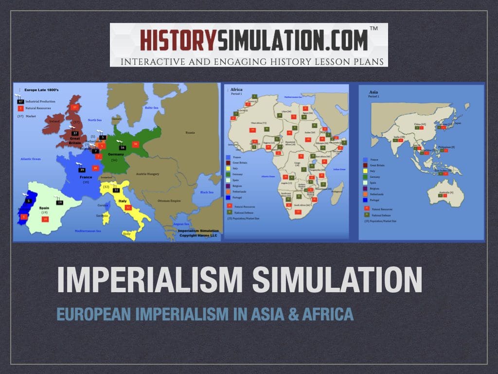 Map showing European imperialism in Asia and Africa with colonial powers and territories.