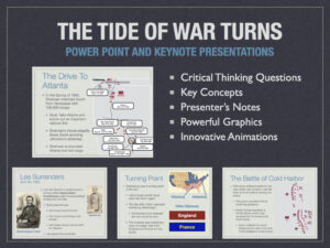 Classroom presentation cover slide for US16.5 Civil War The Tide of War Turns, introducing pivotal military shifts, Gettysburg, Vicksburg, and major turning points of the American Civil War.