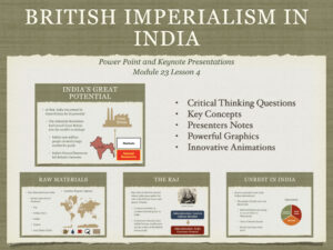 Preview slide for the 23.4 British Imperialism in India PowerPoint and Keynote history presentation showing key topics and visual elements.