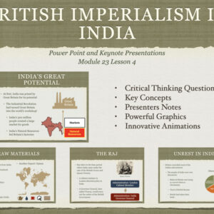 Preview slide for the 23.4 British Imperialism in India PowerPoint and Keynote history presentation showing key topics and visual elements.