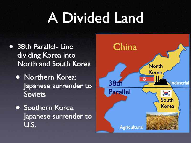 Preview slide titled A Divided Land from the Cold Wars in Korea and Vietnam history presentation, showing a map of the Korean Peninsula and the 38th Parallel.