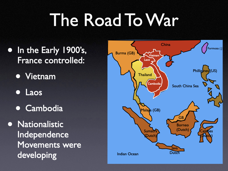 Preview slide for the Road to War in Cambodia history presentation showing French Indochina map and conflict factors in Vietnam, Laos, and Cambodia.