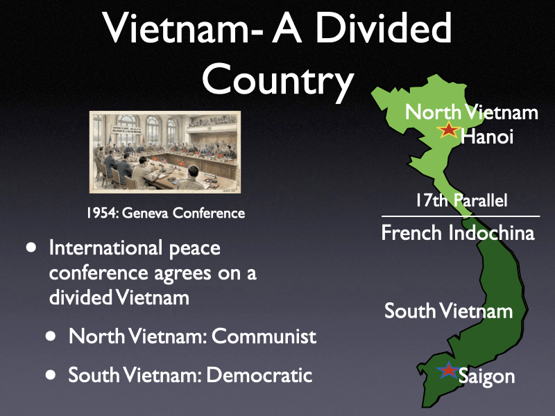 Preview slide titled Vietnam: A Divided Country from the Cold Wars in Korea and Vietnam history presentation, showing the 17th Parallel and Geneva Conference.