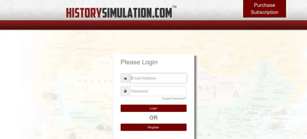 A screenshot of the login page for historysimulation. Com