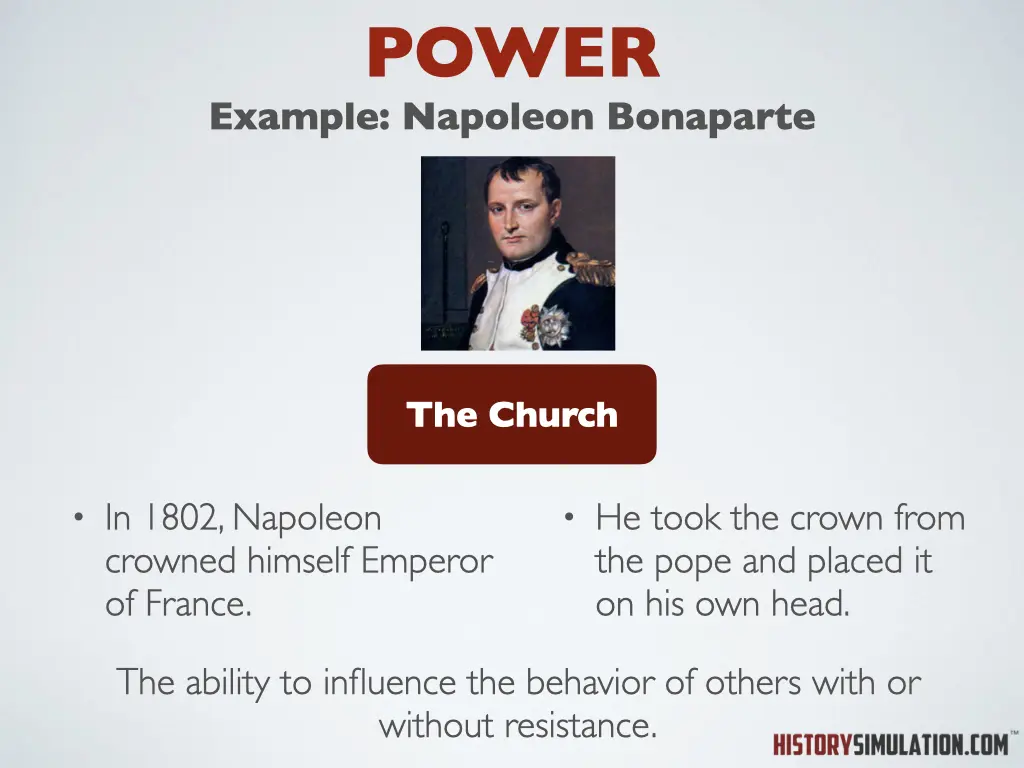 A picture of napoleon bonaparte and the name power.