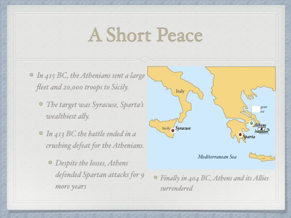 A short peace is in its place, bc. The athenian city was built on the shore of the adriatic sea.