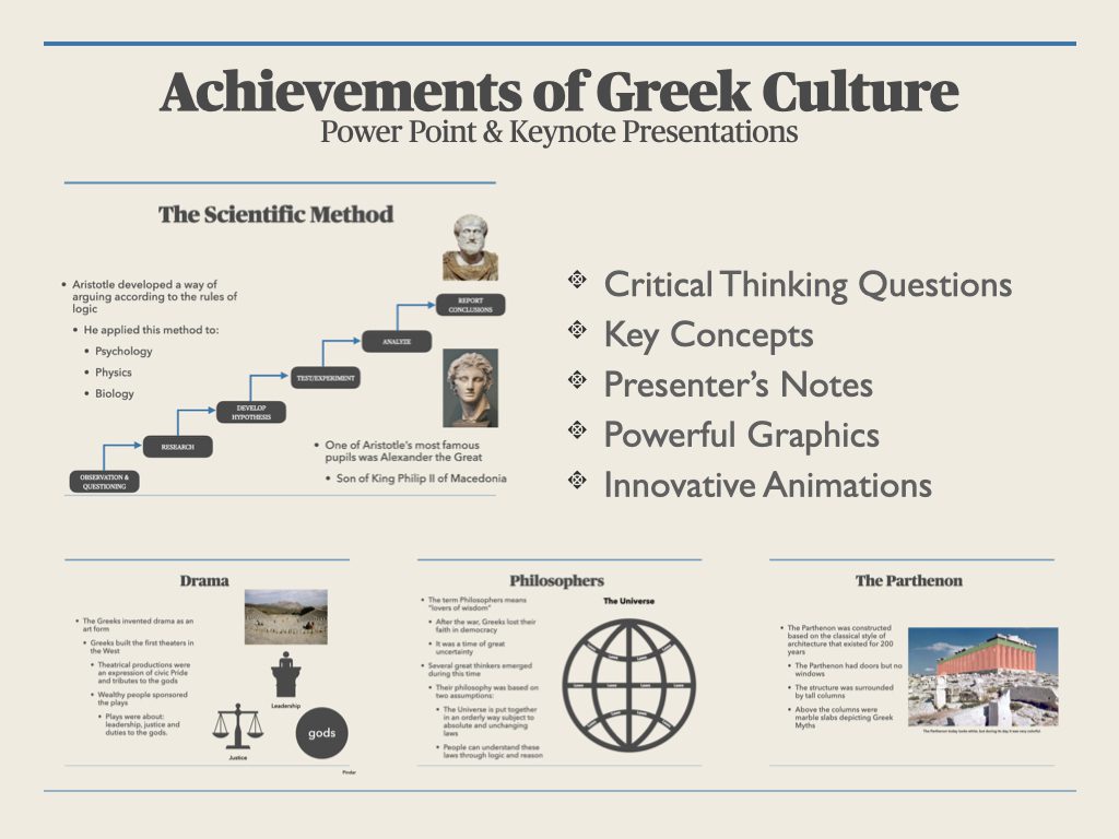 A poster with the title of achievements of greek culture.