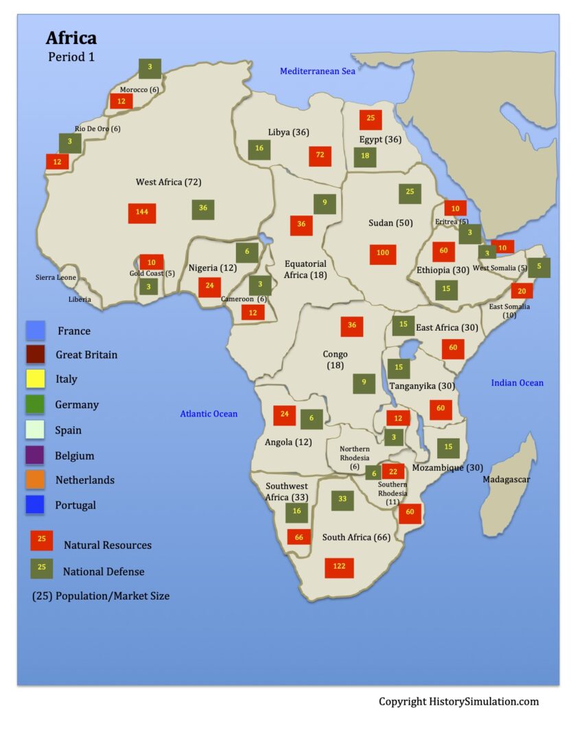 A map of africa with different colored squares.