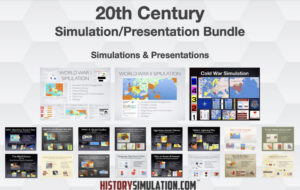Promotional graphic for HistorySimulation.com showcasing a comprehensive collection of 20th-century history teaching resources, including World War I, World War II, and Cold War map activities, presentation slides, and interactive simulation guides.