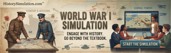 Promotional graphic for an interactive World War 1 classroom simulation from HistorySimulation.com, depicting historical WWI soldiers and a modern classroom using a digital historical map.