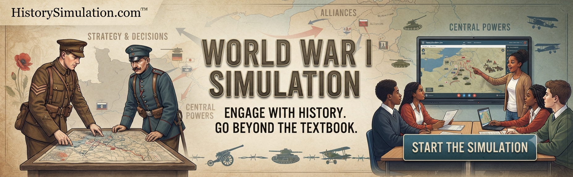 Promotional graphic for an interactive World War 1 classroom simulation from HistorySimulation.com, depicting historical WWI soldiers and a modern classroom using a digital historical map.
