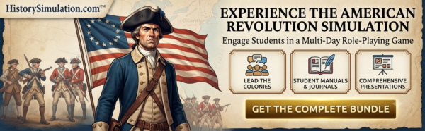 American Revolution Simulation banner featuring a Continental soldier and activity materials bundle overview.
