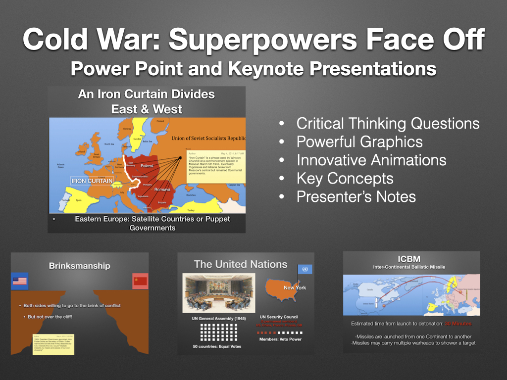 Preview slides from the 29.1 Cold War: Superpowers Face Off History Presentations, featuring a title slide introducing the ideological rivalry between the United States and the Soviet Union, alongside maps and charts illustrating global Cold War dynamics.
