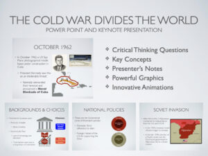 Cold War Divides the World history presentation preview slide featuring global maps, third-world nations, and proxy conflicts for high school history classrooms.