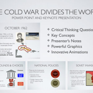 Cold War Divides the World history presentation preview slide featuring global maps, third-world nations, and proxy conflicts for high school history classrooms.