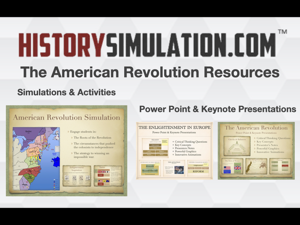 Promotional banner featuring a Continental soldier, historical map, and classroom simulation materials for the American Revolution Simulation.