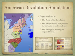 High school students participating in an interactive American Revolution Simulation classroom game and strategy map activity.