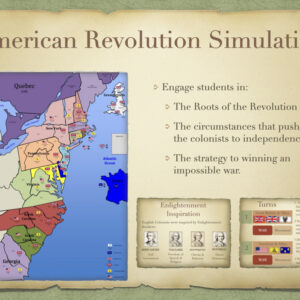 High school students participating in an interactive American Revolution Simulation classroom game and strategy map activity.