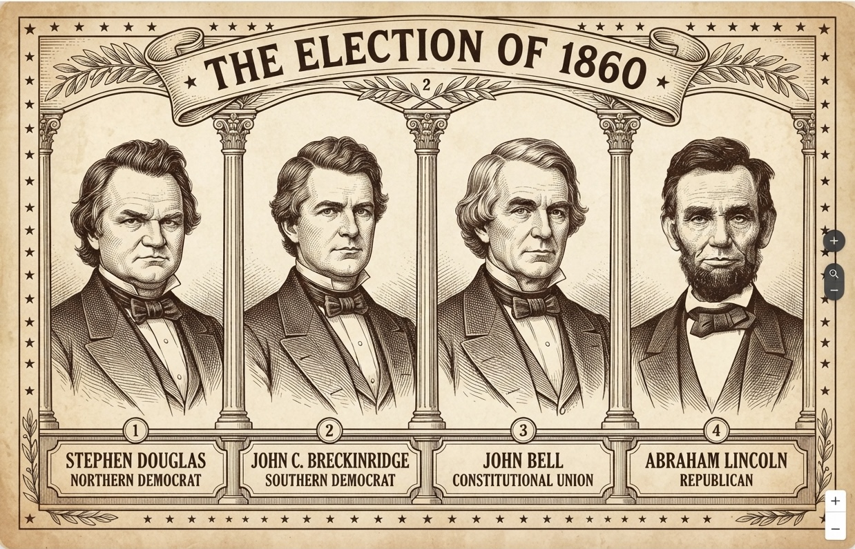 Historical portraits of the four candidates in the U.S. election of 1860: Abraham Lincoln, John C. Breckinridge, John Bell, and Stephen A. Douglas.
