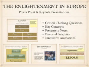 Preview slide for The Enlightenment in Europe History Presentation, featuring key thinkers like John Locke, Voltaire, and Rousseau for high school history teachers.