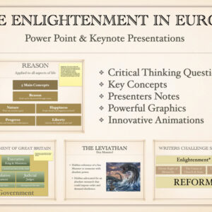 Preview slide for The Enlightenment in Europe History Presentation, featuring key thinkers like John Locke, Voltaire, and Rousseau for high school history teachers.