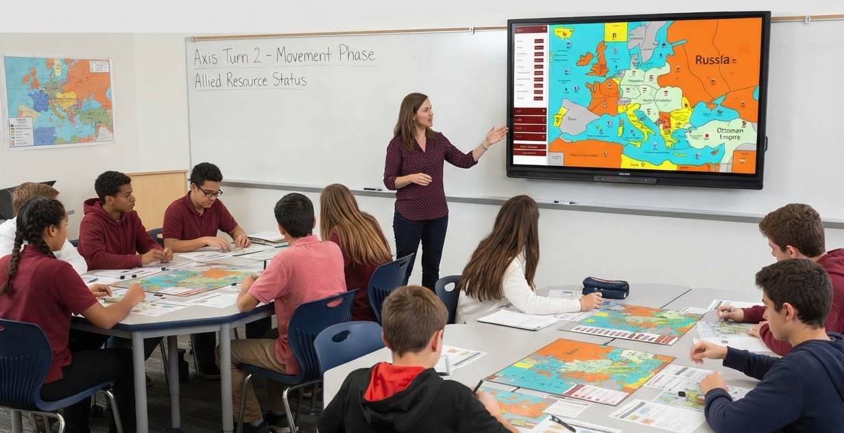 High school history teacher explaining World War I simulation options and European alliances on an interactive classroom map to students.