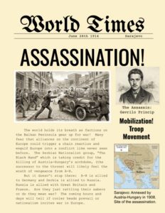 Historical newspaper front page graphic titled 'The World Times' reporting the June 28, 1914 assassination of Archduke Franz Ferdinand in Sarajevo for a high school World War I classroom simulation.