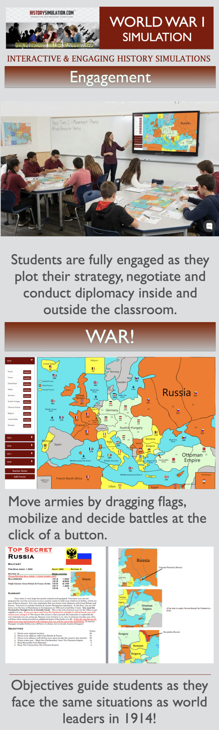 High school students engaged in an interactive World War I classroom simulation, analyzing European alliance systems and strategic map movements.