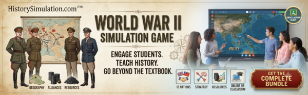 Promotional graphic for HistorySimulation.com showcasing an interactive World War II classroom simulation map with tactical military markers and student learning tools.