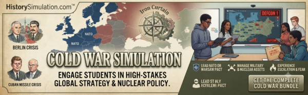 Promotional graphic for HistorySimulation.com showcasing an interactive Cold War classroom simulation map with DEFCON status indicators and strategic student resources.