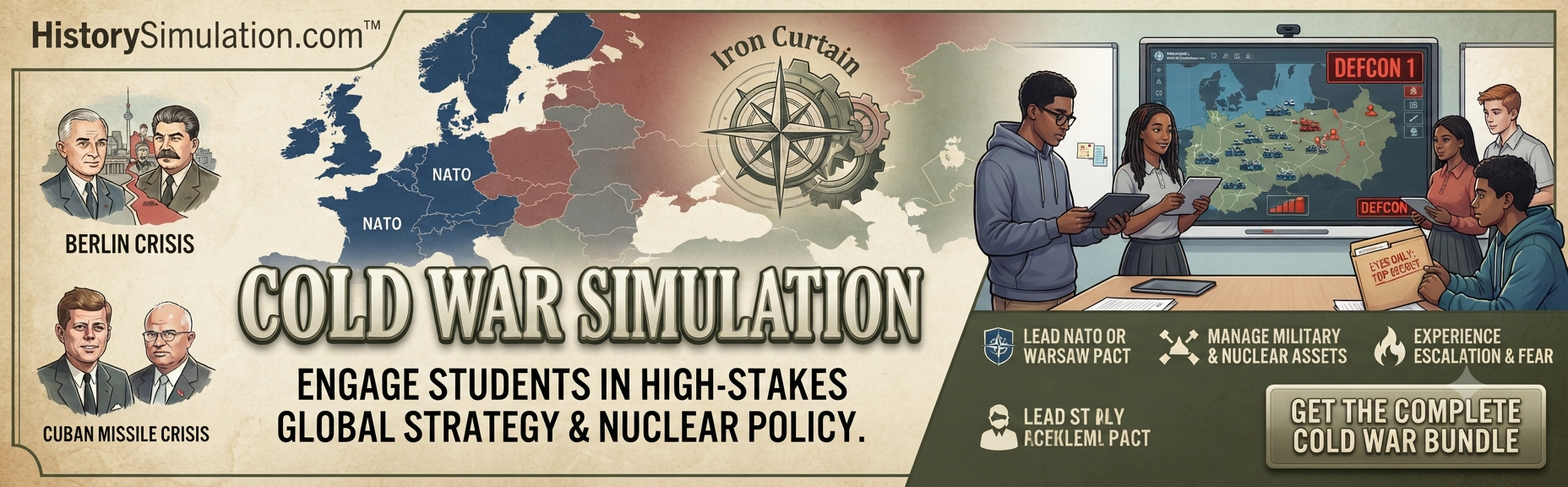 Promotional graphic for HistorySimulation.com showcasing an interactive Cold War classroom simulation map with DEFCON status indicators and strategic student resources.