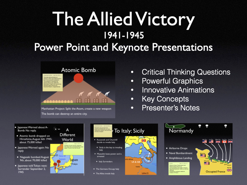 Preview slide for The Allied Victory World War II history presentation, highlighting key topics including D-Day, the Eastern Front, and the atomic bomb for middle and high school history classrooms.