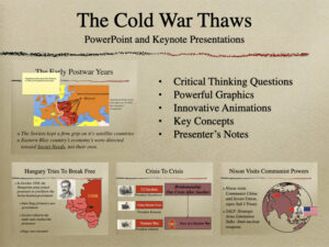 Preview slide from the Cold War Thaws history presentation covering Khrushchev, De-Stalinization, Prague Spring, and Détente for high school history classrooms.