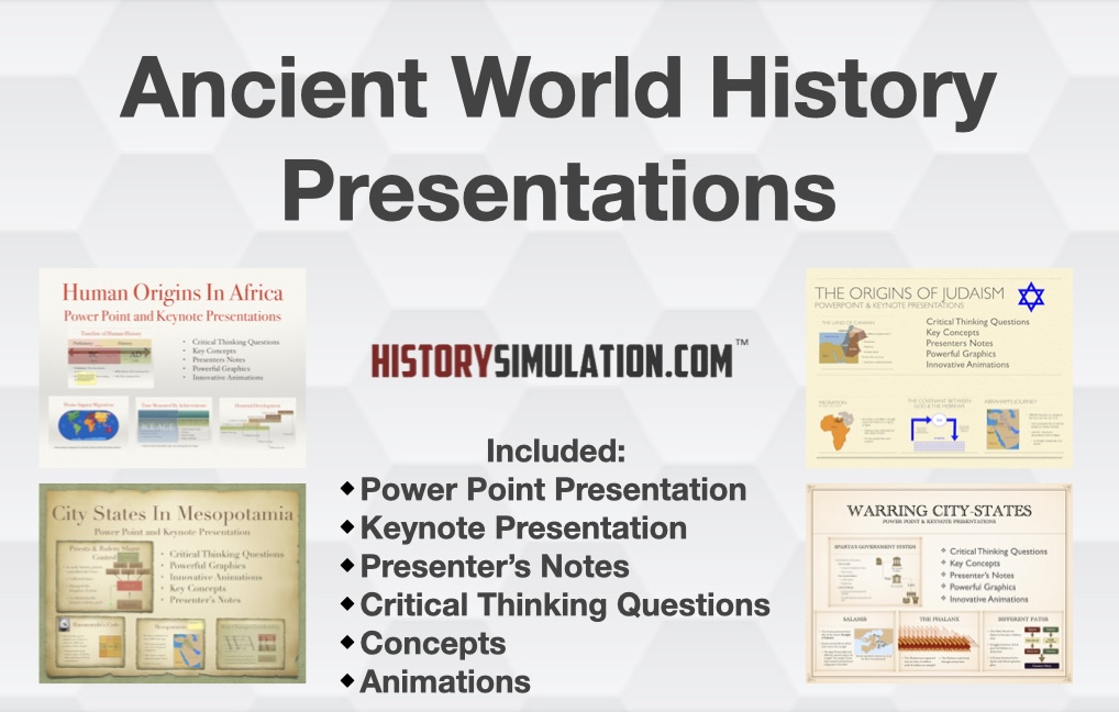 Preview graphic for Ancient World History presentations, covering early civilizations to classical empires with PowerPoint, Keynote, and student notes options.