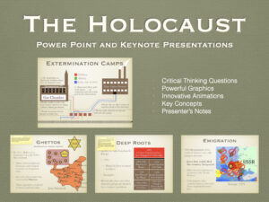 Preview slide and key concepts overview for The Holocaust PowerPoint and Keynote presentation, featuring historical topics like anti-Semitism, ghettos, and concentration camps for history classrooms.