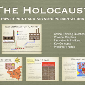 Preview slide and key concepts overview for The Holocaust PowerPoint and Keynote presentation, featuring historical topics like anti-Semitism, ghettos, and concentration camps for history classrooms.