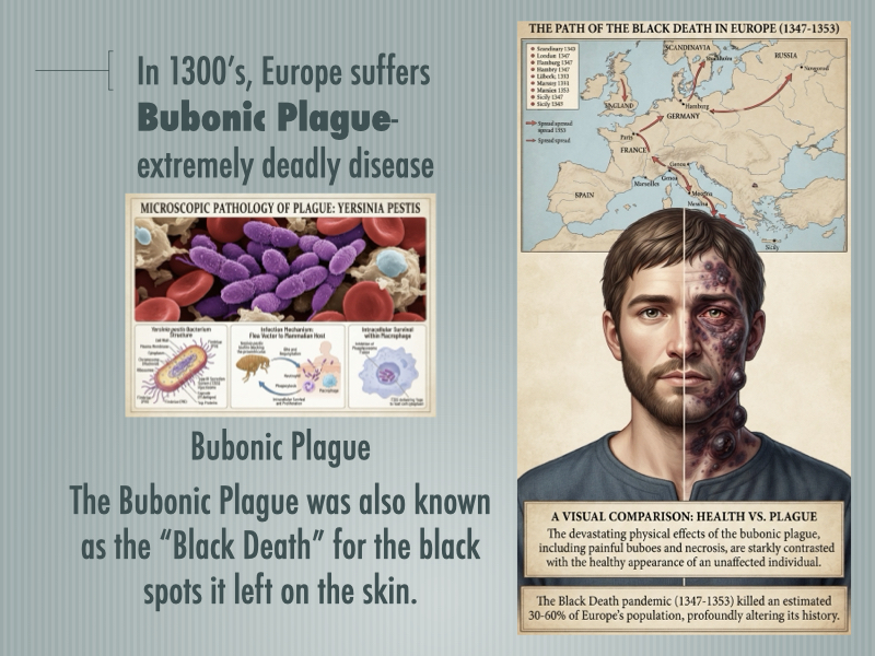 Educational history slide graphic illustrating the Bubonic Plague (Black Death), highlighting transmission vectors like fleas and rats, and the devastating pandemic of the 14th century.