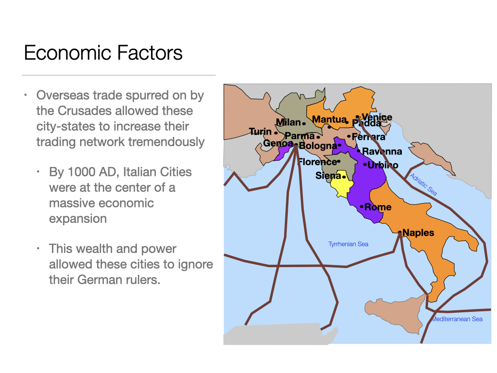Educational presentation slide graphic covering the economic factors of the Renaissance, highlighting overseas trade, commercial expansion, and the rise of banking.