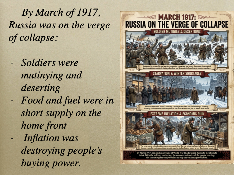 Educational presentation slide detailing the explosive March 1917 Revolution in Russia and the abdication of Czar Nicholas II.