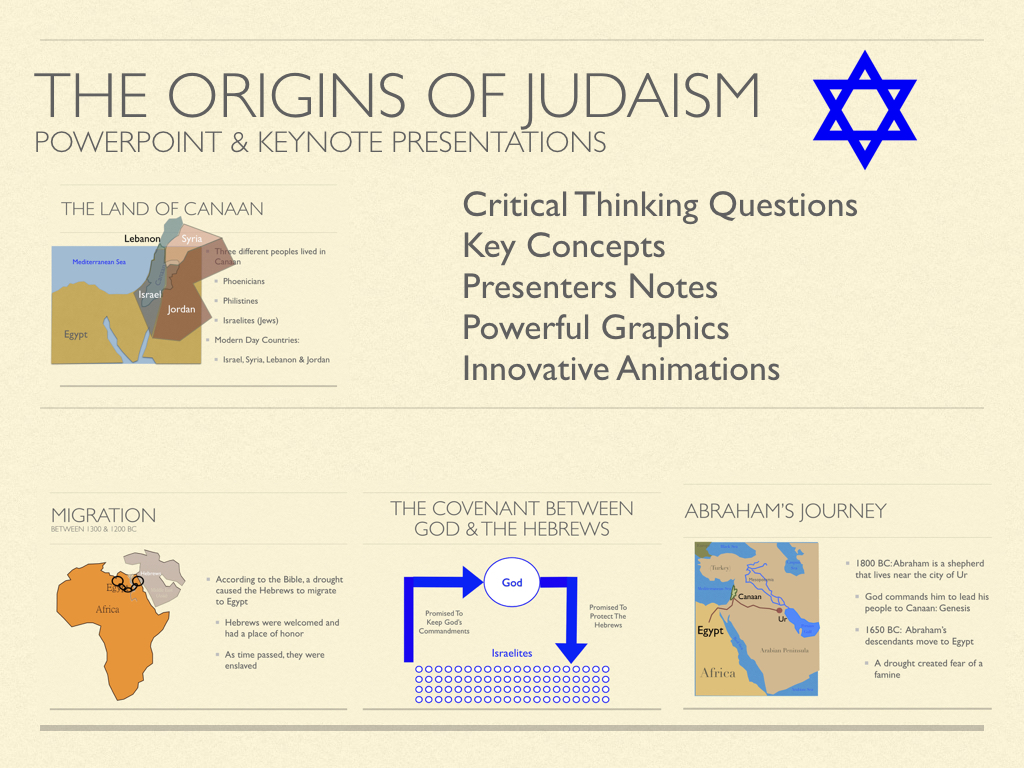 Title slide graphic for 3.5 The Origins of Judaism history presentation featuring ready-to-use multimedia lessons based on World History textbooks.