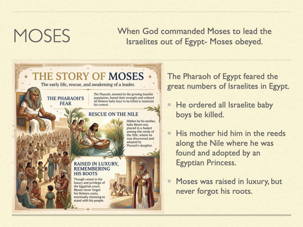 Historical slide graphic illustrating the story of Moses, featuring the Nile River, the Exodus, and the Ten Commandments.