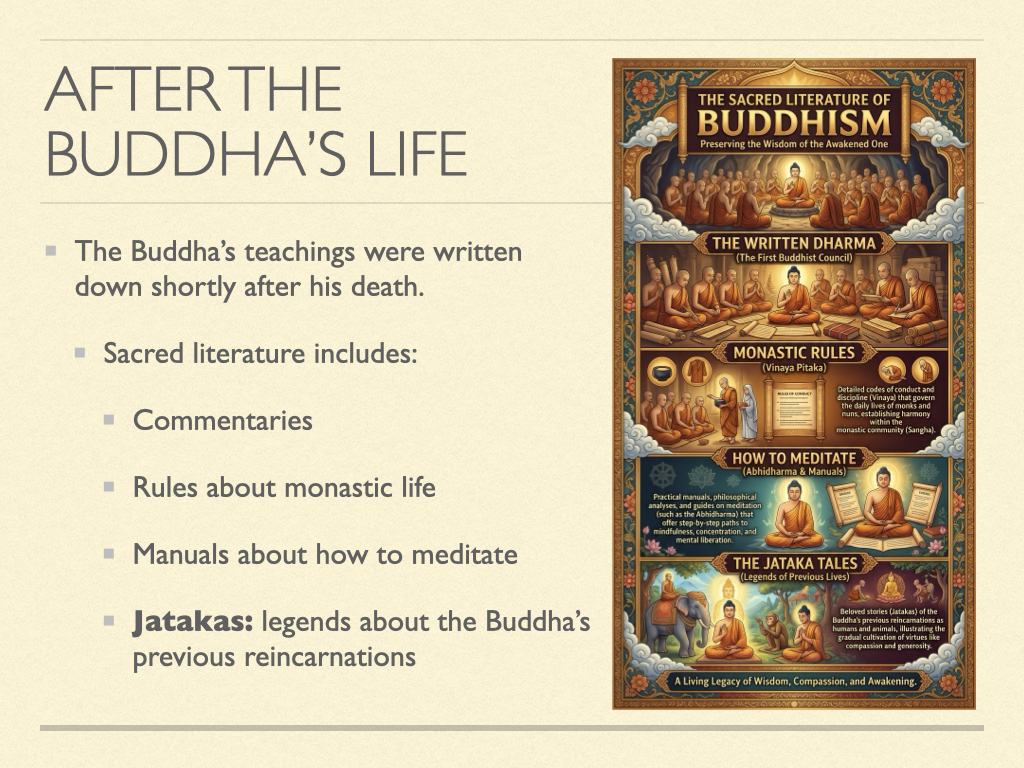 Illustration of Buddhist monks reciting and recording sacred literature, including commentaries, monastic rules, meditation manuals, and Jataka tales after the Buddha's death.