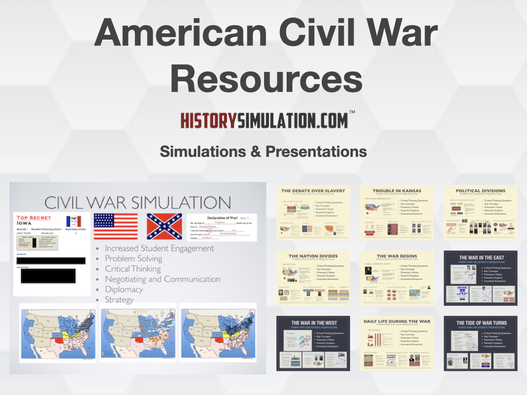 A comprehensive educational bundle graphic showcasing American Civil War classroom simulation guides, interactive strategy maps, and history presentation slides.