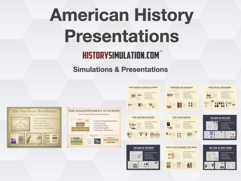 Fully animated PowerPoint and Keynote slide decks for American history classroom presentations covering the Revolution and Civil War.
