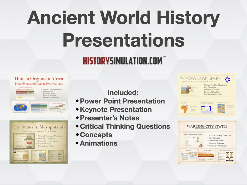 An educational promotional graphic previewing ancient world history multimedia presentations, PowerPoint and Keynote slide decks, and student notes designed for high school social studies classrooms.