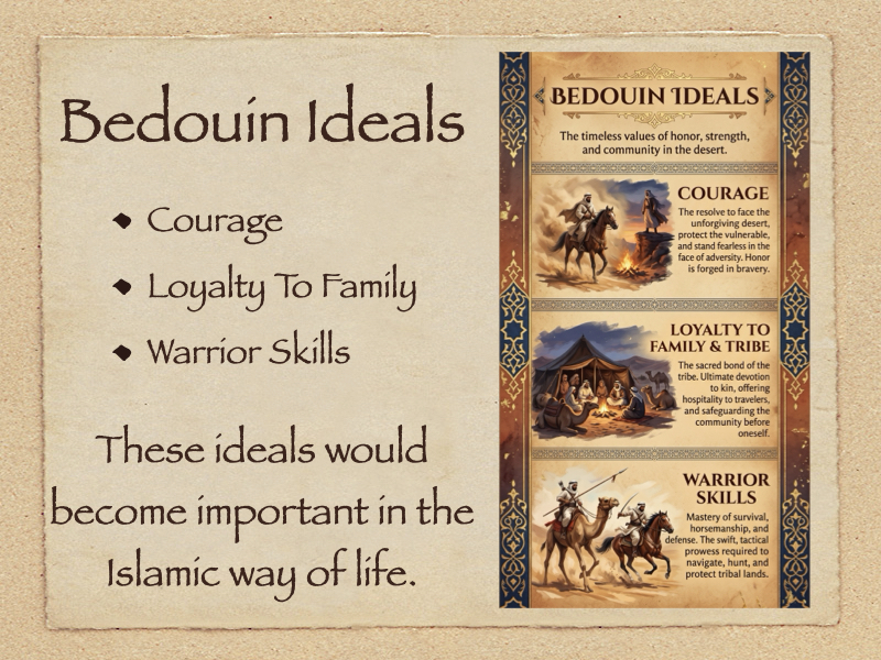 Vertical infographic outlining Bedouin Ideals in Arabia, featuring three sections for Courage, Loyalty to Family and Tribe, and Warrior Skills with historical illustrations.