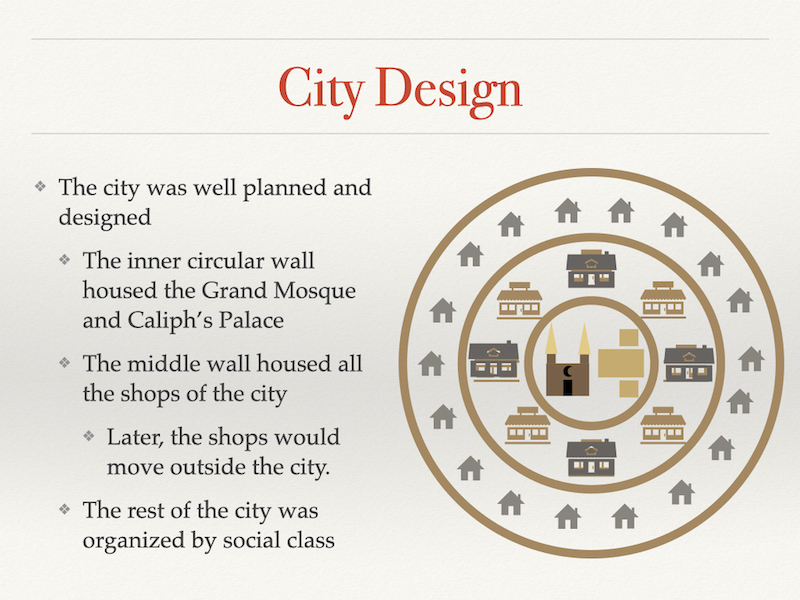 City design slide illustrating the planned layout of Baghdad, featuring the inner circle wall, marketplace, and social class organization.