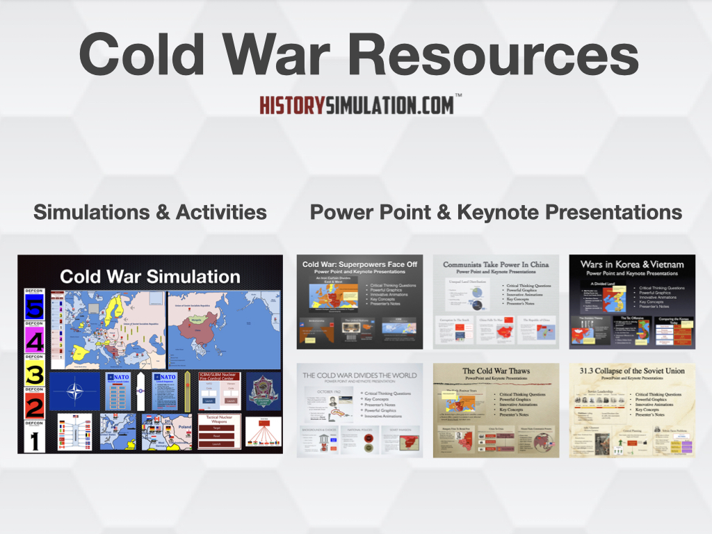 A comprehensive educational bundle graphic showcasing Cold War classroom simulation guides, nuclear crisis strategy maps, and history presentation slides.